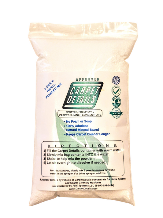 Powder Concentrate Refill For Home Users Carpet Details Pet Stain and Odor Eliminator Spotter and Cleaner 1 gallon jug, formulated for Home Carpet Cleaning Machines.